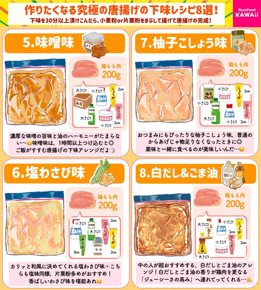 BuzzFeedKawaii's tweet photo. 鶏肉を下味冷凍しておけば日々の自炊が楽に✨

からあげに合う色んな味付けをまとめたよ🤎

どの味が好きかコメントしてね！ https://t.co/gE08zcohq2