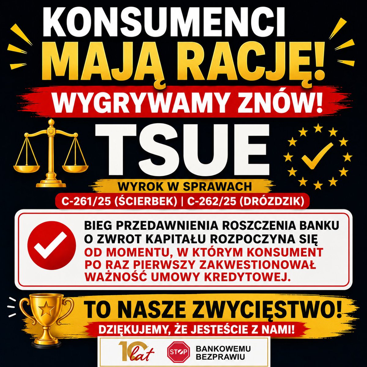 SBBezprawiu's tweet photo. ⚖️ Jest wyrok TSUE!

To rozstrzygnięcie może mieć ogromne znaczenie dla tysięcy spraw frankowych.
📌 Czy wiedzieli��cie, że kluczowy dla przedawnienia roszczeń banku jest moment, w którym konsument po raz pierwszy zakwestionował ważność umowy?
Napiszcie w komentarzu! https://t.co/RnSK5TstbN