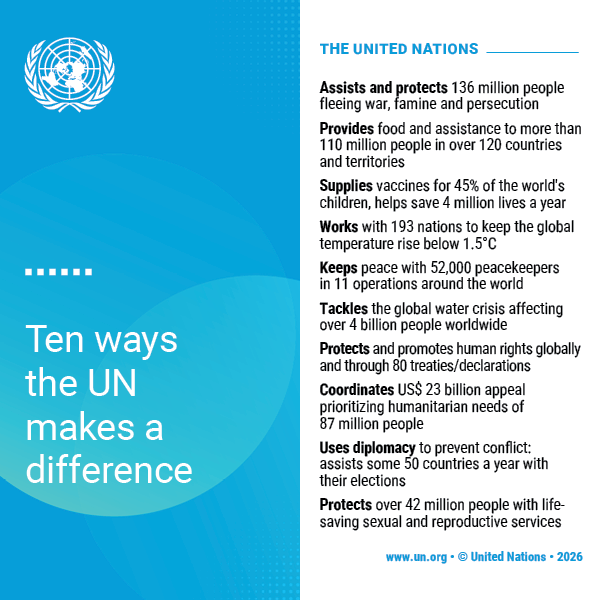 UN_Botswana's tweet photo. Born from a global commitment to prevent future generations from the scourge of war, the UN remains essential to advancing peace, prosperity and human rights for everyone, everywhere.  

Here’s how the UN makes a difference in the lives of millions of people every day. https://t.co/ARQW5VhxSO