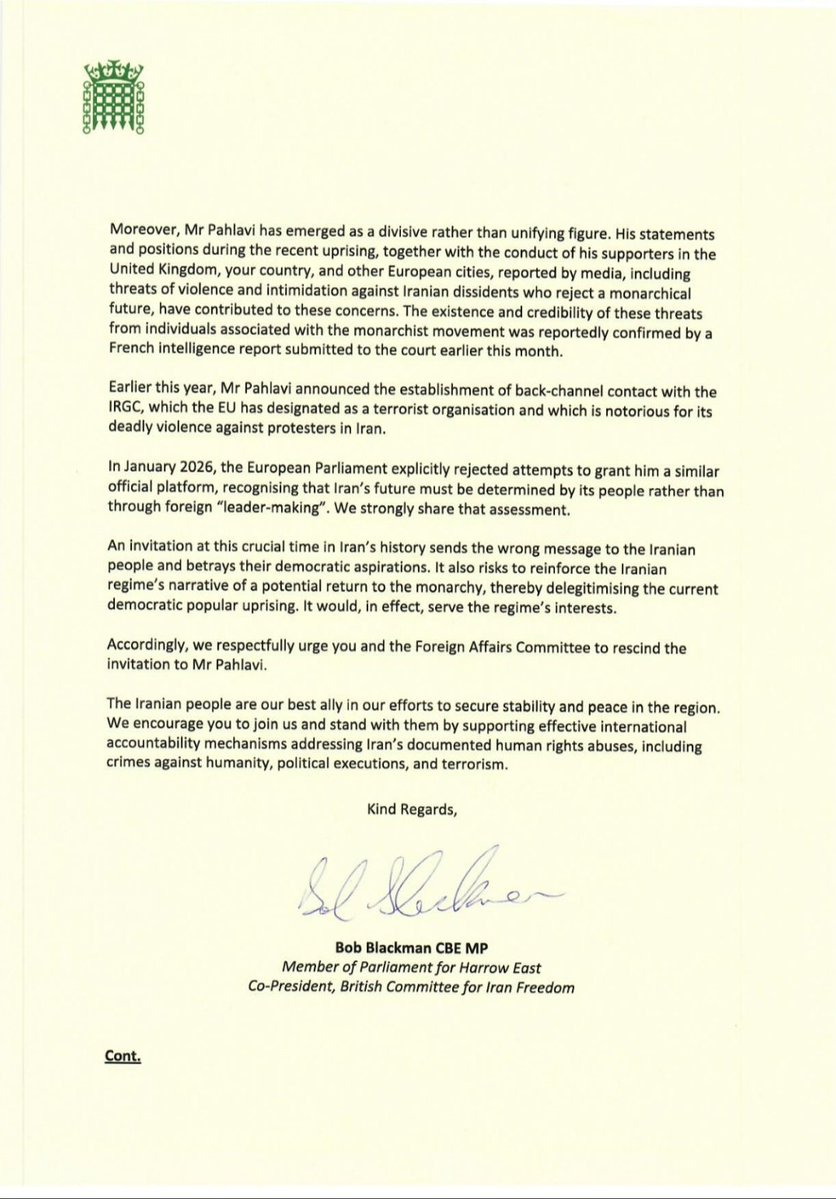 BobBlackman's tweet photo. Reza Pahlavi should not be given a platform to justify replacing one form of authoritarian rule with another.

A return to the monarchy in Iran is not welcome, especially as he has failed to condemn the previous Shah’s dictatorship and for claiming support from the IRGC.

1/2 https://t.co/RsRcjfTy1L
