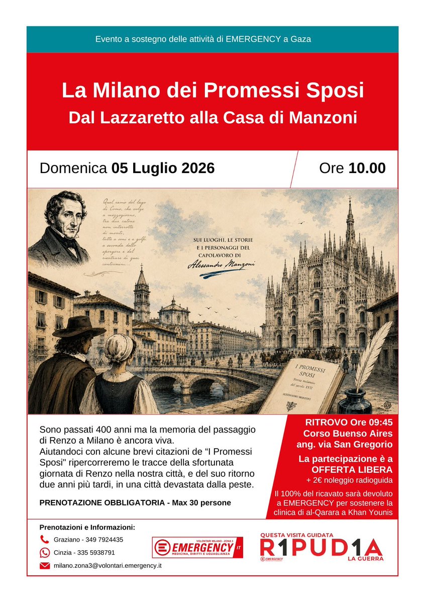 milanoarte's tweet photo. Domenica 5 luglio un'altra visita guidata organizzata in collaborazione con @emergency_ong 
Stavolta parliamo della Milano dei Promessi Sposi: 
Prenotazione obbligatoria.
Scrivici a milano.zona3@volontari.emergency.it https://t.co/4wyr1BQtpB