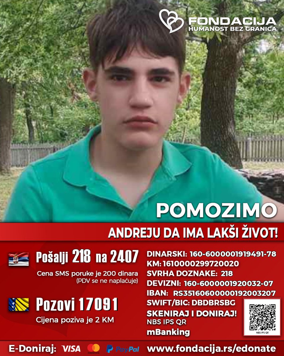 Vladano's tweet photo. Andrej (2009.) ima dijagnoze F84.0 i F90.0 i potrebna mu je naša pomoć.

Pomozimo!

🇷🇸 Pošalji SMS: 218 na 2407
https://t.co/QWmi3g5KJE
(link za mobilne)

🇧🇦 Pozovi: 17091

Skeniraj QR kod - mBanking

E-Doniraj - VISA, MasterCard, PayPal:
https://t.co/gUz0NPxvcx https://t.co/Q6vRsR2vJo