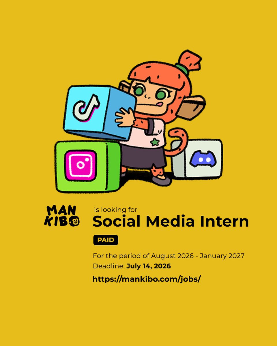 MankiboGames's tweet photo. 📢 Calling all social media enthusiasts in Indonesia!

We’re hiring a Social Media Intern (August 2026 - January 2027). Turn your creativity into engaging content and bring indie games to the world with Mankibo.

📅 Submission deadline: July 14, 2026 (23:59 WIB) https://t.co/EOaEUxgLkS