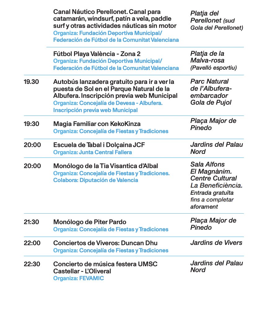 AjuntamentVLC's tweet photo. 🌼 La #FiradeJuliolVLC ha programat per a esta vesprada activitats a #Pinedo📍, entre altres.
🗣️Monòleg, màgia🪄, i molt més.
🎼També @Conc_ViverosVLC de @duncandhu, al 📍#JardinsDeVivers.
ℹ️ Consulta ací tota la programació ⤵️
🔗 https://t.co/f3acZXbfwP
#GranFiraVLC https://t.co/PlWqQdytNw