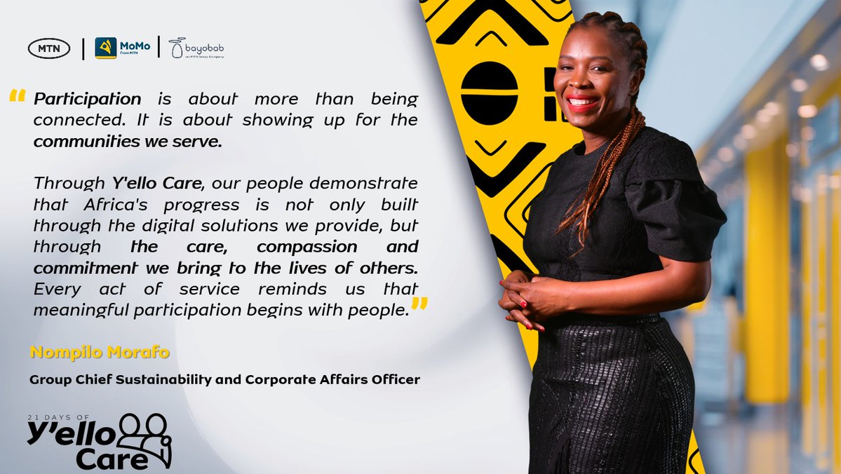 MTNGroup's tweet photo. To show up meaningfully, we must meet communities where they are.

During 21 Days of Y’ello Care, MTNers worked with partners and communities to bring health and wellbeing support closer to people and families.

Different markets. Different needs. One Y’ello spirit.
To everyone who showed up with care: thank you.💛

#DoingGoodTogether

@Bayobab_ @MTNMoMoGroup @MTNBenin
@MTNCameroon @MTN_123 @MTNCotedIvoire
@MTNGhana @MTNza @MTNNG  @MTNRwanda
@MTNza @MTNSSD  @mtnug @MTN_Zambia