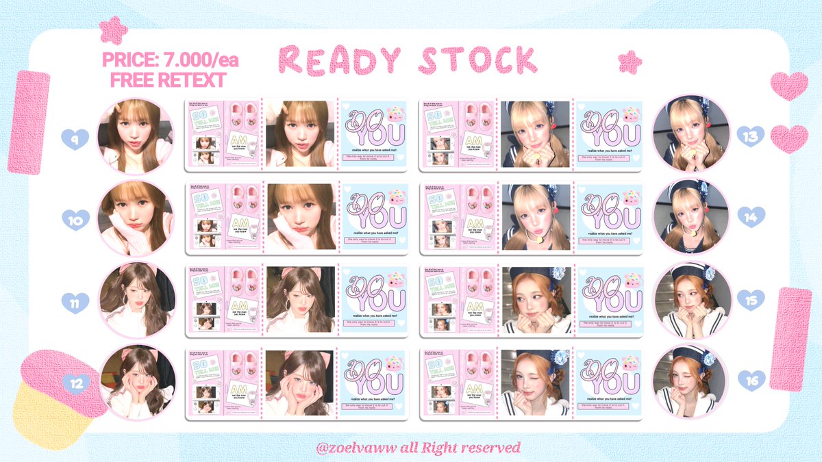 zoelvaww's tweet photo. help rt ya thanks you 🩷

hii teman-tema !! aku ada 32 rs layout Carmen, ye-on, yuha, ian, jiwoo, juun, Stella, rei, wony . harganya hanya 7.000/ea (free retext) 📝💭 avail by request juga iaap 🫶🏻 #zonauang https://t.co/letbmeHPvc