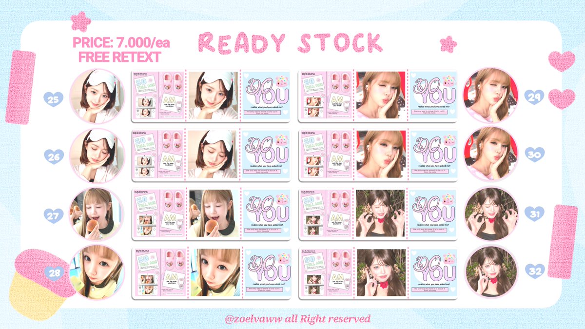 zoelvaww's tweet photo. help rt ya thanks you 🩷

hii teman-tema !! aku ada 32 rs layout Carmen, ye-on, yuha, ian, jiwoo, juun, Stella, rei, wony . harganya hanya 7.000/ea (free retext) 📝💭 avail by request juga iaap 🫶🏻 #zonauang https://t.co/letbmeHPvc