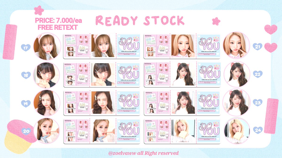zoelvaww's tweet photo. help rt ya thanks you 🩷

hii teman-tema !! aku ada 32 rs layout Carmen, ye-on, yuha, ian, jiwoo, juun, Stella, rei, wony . harganya hanya 7.000/ea (free retext) 📝💭 avail by request juga iaap 🫶🏻 #zonauang https://t.co/letbmeHPvc