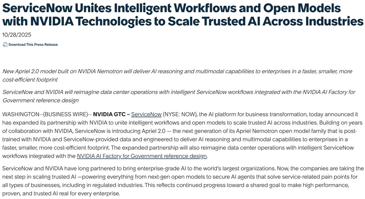 KrisPatel99's tweet photo. I dont think this means there isnt demand for AI compute... it just means $NVDA is trying to ensure theres competition from Neo-Clouds vs Hyperscalers... who are rapidly trying to move away from $NVDA with their own custom ASIC's.

The problem is margins. If $NVDA wants to really help the Neo-Clouds, it has to cut its own profit margins to allow for more of the Neo-Clouds to effectively compete long term. 

Hyperscalers are tired of paying the $NVDA tax and while they are still friends, its likely they are also competitors... especially now with $GOOGL willing to sell TPU's and Amazon selling Tranium. 

$NVDA is likely now going to push its own Open Source models that are optimized for its hardware. The reason is very simple...

If you're a software company like $NOW and will be selling both Seat subscriptions and Consumption based tokens, you want the highest margins possible to keep your margins up.

By working with $NVDA and using models like Nemotron, you can optimize for MAX customer value generation... ON TOP OF $NVDA silicon. 

Todays announcement by $PLTR reflects this as well.