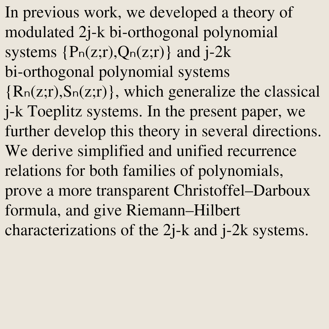 ClassicalODEs's tweet photo. The 2j-k and j-2k Bi-orthogonal Polynomials on the Unit Circle: Further Properties and Riemann-Hilbert Characterizations

Roozbeh Gharakhloo, Nicholas S. Witte
https://t.co/ejFQreKU9B [𝚖𝚊𝚝𝚑.𝙲𝙰] https://t.co/iTxcGEDHDt
