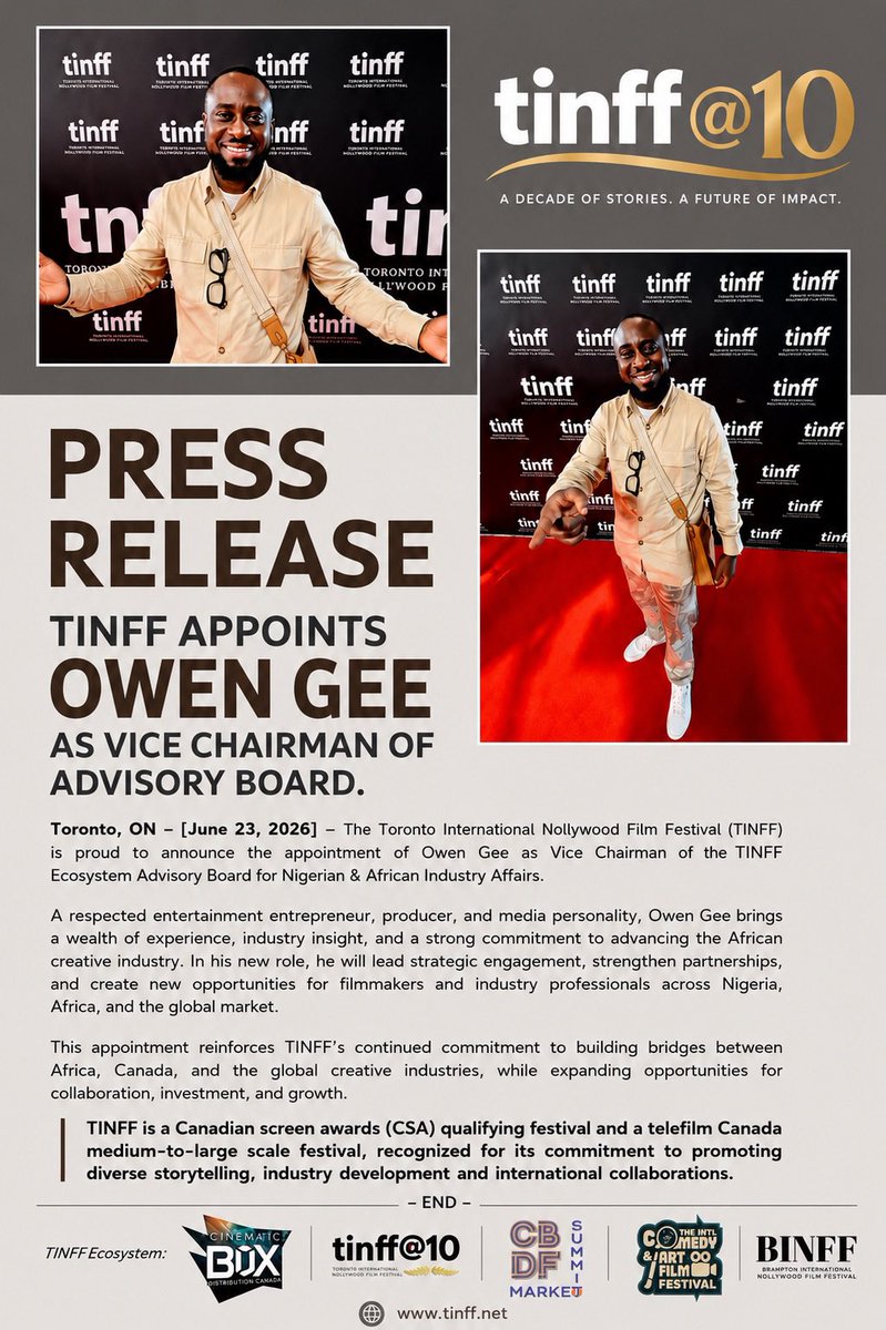 OfficialOwenGee's tweet photo. A respected entertainment executive, producer, media personality, and longtime supporter of TINFF, Mr. Owen Gee will help strengthen strategic partnerships, industry engagement, and collaboration opportunities across Nigeria, Africa, Canada, and the global creative community. https://t.co/4mijYDmCUe