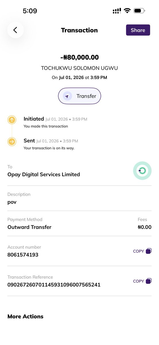 genesis_osas's tweet photo. @joinkuda @ISWISPodcast Hello I initiated a transfer of 80,000 naira to an opay account on the 1st of July 2026 at 3:59 pm , to a vendor i purchased something from but he didn’t receive the money , i urgently request a reversal . https://t.co/ijc25LFEHQ