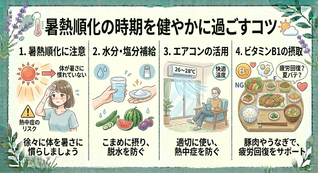 kusunoki1001's tweet photo. これから本格的な暑さがやってきますが、体が暑さに慣れていない「暑熱順化（しょねつじゅんか）」の時期は、熱中症のリスクが高まります。

こまめな水分・塩分補給と、エアコンを適切に使うことから始めましょう。豚肉やうなぎ等に含まれるビタミンB1の摂取も効果的です。
#熱中症予防 #夏バテ https://t.co/jhw8HtdHr5