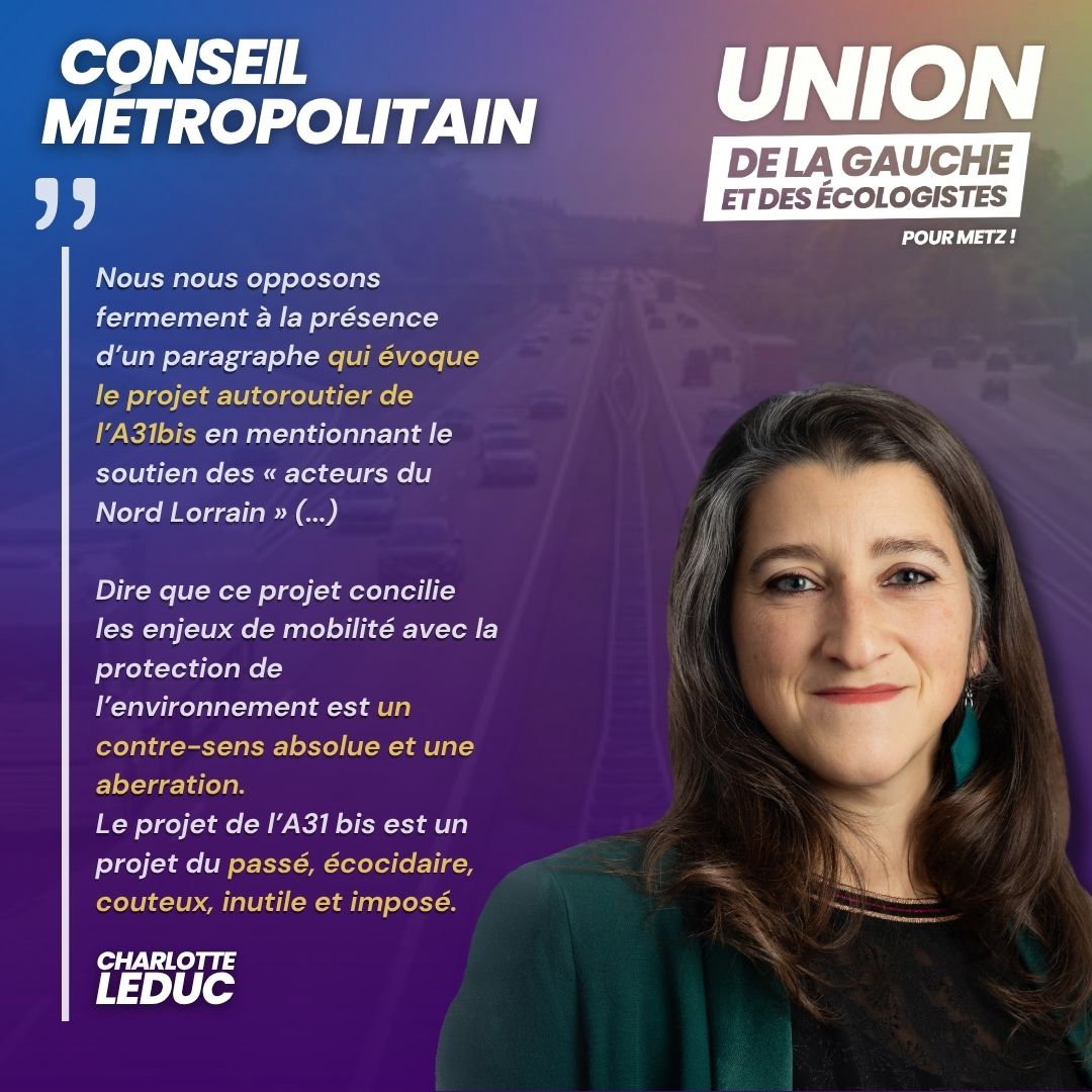 CharlotteLeducV's tweet photo. Nous aurions voté pour la motion proposée par la majorité à la Métropole de #Metz pour demander l'accélération des dessertes ferroviaires internationales avec la métropole, si elle n'était pas entachée d'un soutien à l'A31bis qui est un projet écocidaire, inutile et imposé ! https://t.co/2kblFCrEbV