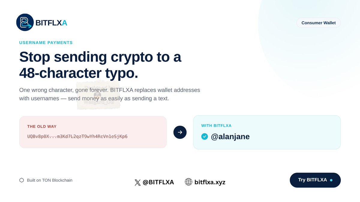 Wesgard_OG's tweet photo. Be honest… almost rugged yourself with a wrong address again? 😂

How many times have you almost sent #crypto to the wrong wallet because addresses look like a cat walked across your keyboard? 😲

@BITFLXA fixes that. Send money to a username, not a 48-character string of anxiety.  

#Web3 payments should feel like texting money, not defusing a bomb.  

#BITFLXA is built on @ton_blockchain
So, are you ready to send crypto the easy way?👀

Then explore: https://t.co/Ql7f5UkSf1
$BFLX #BFLX #TON