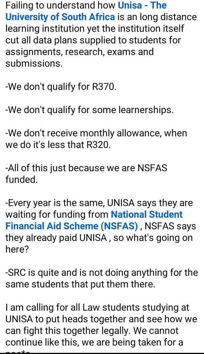 teddy_phile's tweet photo. @MorningLiveSABC @eNCA @unisa @myNSFAS students are concerned and devastated about funds. For as much as it's R316.00, since they decided to cut off the supply of data, we use that money to survive. UNISA, please take time and address our concerns because it happened last year. https://t.co/qxZ0g9MvC8