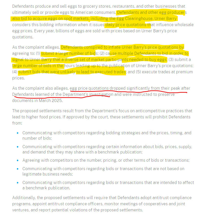 JavierBlas's tweet photo. The largest US egg producers conspired to manipulate the benchmark price used by the industry. 

Another reminder that some corners of the physical commodity market remain opaque and are vulnerable to manipulation.

US DoJ statement (and my highlights): https://t.co/BMSjesrrZv https://t.co/V1hQCWocuu