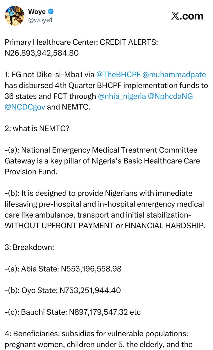 woye1's tweet photo. Peter Obi Pledges Primary Health centers in every Nigerian Ward: @PeterObi and his FAKE PROMISES. He lied. 

1: Nigeria has 8,809 Primary Healthcare centers as at TODAY. 

2: FG not Tinubu via @NphcdaNG is currently working to double the network of fully functional PHCs to 17,618 by 2027 to improve Universal health coverage. 

3: FG not Tinubu just disbursed 4th quarter BHCPF to 36 states PHC and FCT. I shared this tweet on June 27, 2026. 

-(a): the amount was N26,893,942,584.80 (Frame 1 attached).

4: I tweeted about Gamsha, a remote agrarian community in Bilkicheri Ward of Itas/Gadau LGA of Bauchi on June 26,2026 as per how PHC had changed the community. (Frames 3 attached)

5: I am at loss that the CEO @NphcdaNG @Muyi_Aina has not responded to @PeterObi to educate him about the latest PHCs and the new ones coming up. 

-(a): Do your job and don’t allow lies to destroy your good works @Muyi_Aina 

-(b): the HM @Fmohnigeria @muhammadpate should direct @NphcdaNG @TheBHCPF to issue a comprehensive status of PHC as at today. 

6: I have consistently advised @PeterObi to hire researchers to guide him before issuing OLODO UPRISING Policy statement. 

-(a): Same thing he said about 10,000MW electricity generation. 

-(b): Calm down, read existing policy, then, proffer alternative solutions if you have. 

7: We have passed that stage of 8809 wards. We are talking of 17,618 wards now.