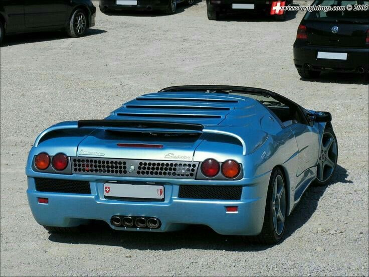 CarSighting's tweet photo. Switzerland’s official Lamborghini importer, Roland Affolter, thought the Diablo barely changed from one model year to the next. So from the mid 1990s he started rebodying his clients cars completely, offering a full range of conversions that climbed in intensity: Evolution, Miami, GT1, and finally the GTR.

This one though is a GTR Roadster, and I honestly can’t even tell you how many exist in this configuration