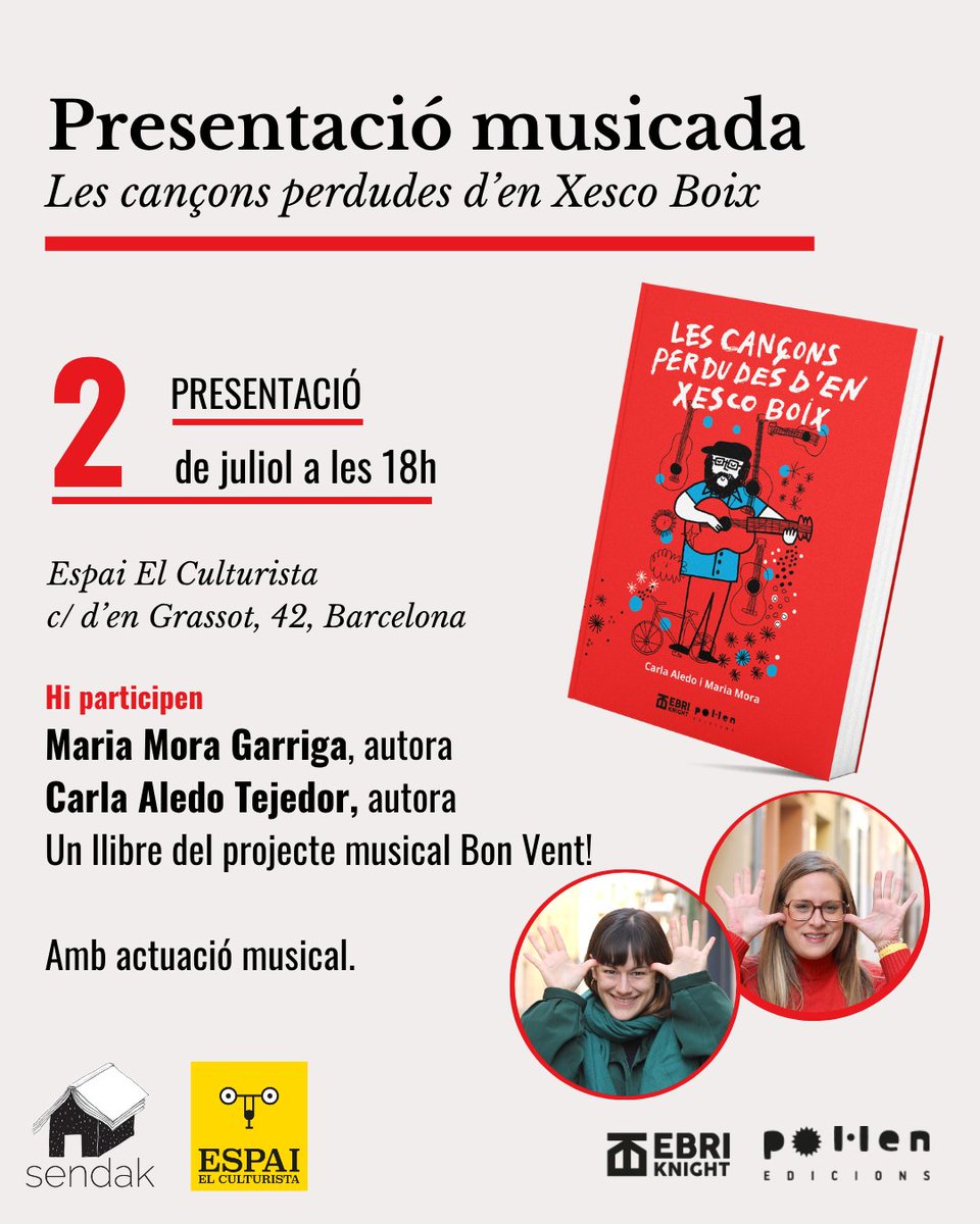 pol_lenedicions's tweet photo. 🎸Activitat
📷Les cançons perdudes d'en Xesco Boix
Presentació musicada amb #BonVent projecte d'@EbriKnight
Avui a les 18h a #espaielculturista #LlibreriaLaSendak
Amb Maria Mora i Carla Aledo, les autores
Amb músics de Bon Vent
#XescoBoix
80è aniversari del seu naixement https://t.co/bpGKm93j8w