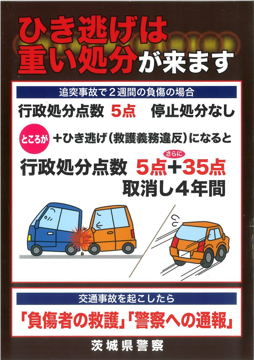 ibarakipolice's tweet photo. 【ひき逃げは犯罪です！】
６月24日に発生した重傷ひき逃げ事件の犯人を検挙しました。
交通事故は車両の運転者であれば誰もが当事者になる可能性はあります。
尊い人命を救うためにも、

“絶対に逃げないでください！”

交通事故を目撃した方も１１０番通報へのご協力をお願いします。 https://t.co/NNChNikbqq