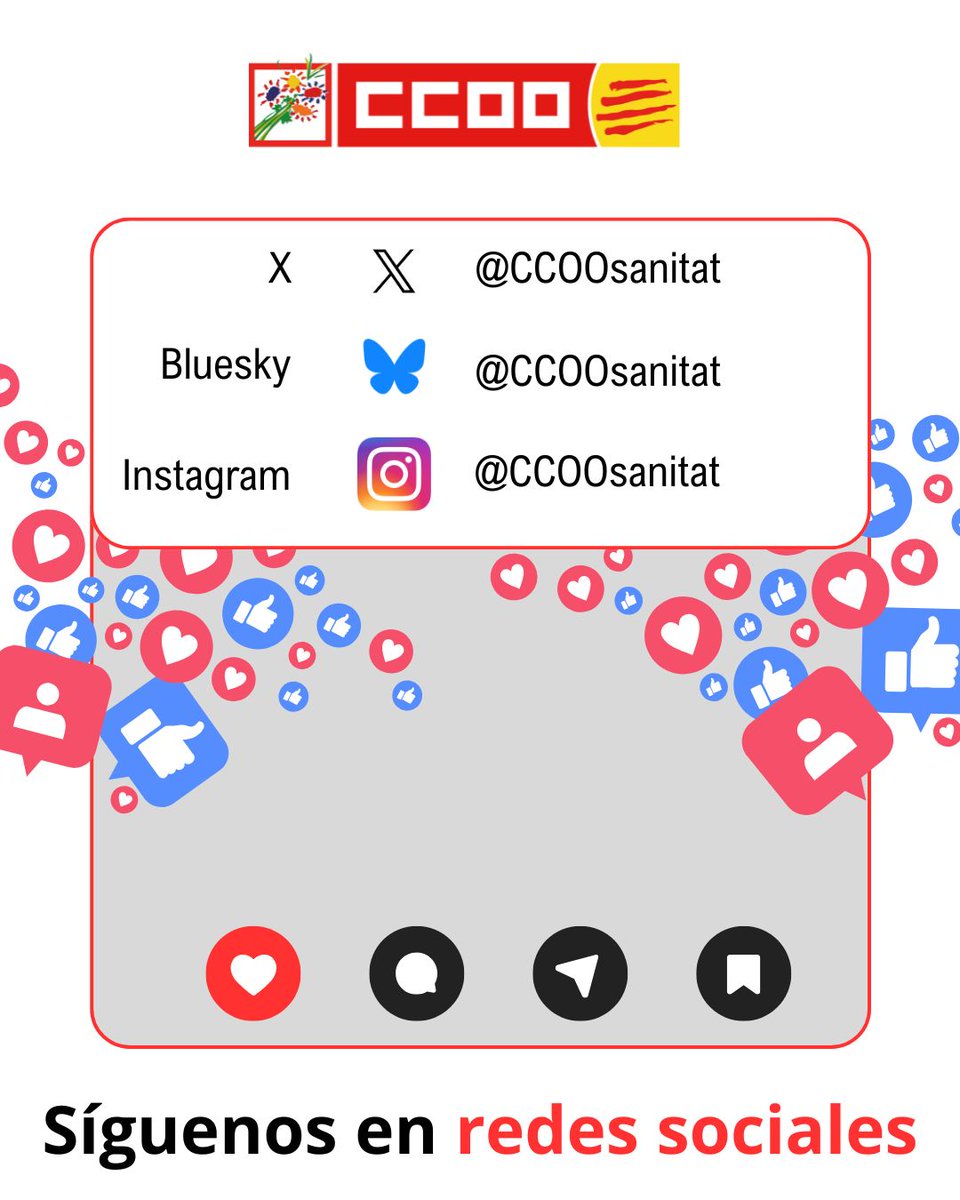 fssccoo's tweet photo. @fssccooand @FSSCCOOAragon @DeliaLizana @fsasturiasarea5 @fsasturiasarea6 @fsasturiasarea4 @fsasturiasccoo @fsscanarias @CCOOSanidadCant @FSSCCOOCYL ℹ️ La información de la FSS-CCOO Catalunya al día en todas sus redes sociales
✔️ Síguelas y #SaltaALaRed https://t.co/iJ1aL3DZMF