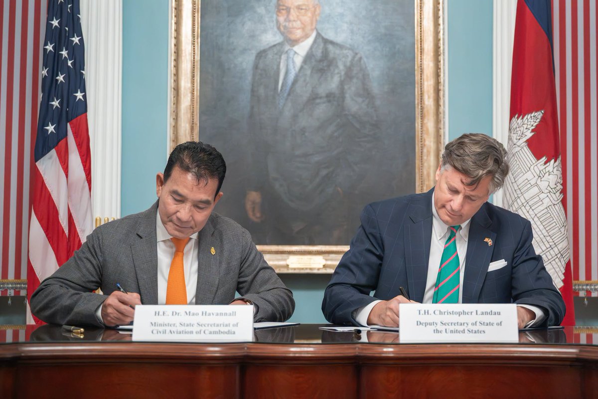 jacobincambodia's tweet photo. The US and Cambodia signed their first bilateral air transport agreement this week, Deputy Secretary of State Christopher Landau and civil aviation chief Mao Havannall putting Cambodia into the roughly 140-country Open Skies network. Buried in the State Department note is the part worth reading twice. The agreement grants seventh-freedom all-cargo rights, letting US cargo carriers fly between Cambodia and a third country with no operational link back to the US.

State ties it directly to the DFC board's recent approval of financing for the new Techo International Airport in Phnom Penh, calling it part of a growing US-Cambodia commercial relationship.
