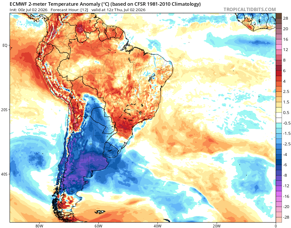 Igor__Roik's tweet photo. Muito frio a caminho da Argentina neste momento. 
Abaixo a anomalia nas temperaturas em 2m válido pra as 12 e 18UTC de hoje e as 00UTC de amanhã. https://t.co/JLmcy1eENn