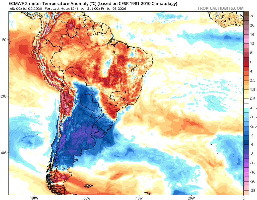 Igor__Roik's tweet photo. Muito frio a caminho da Argentina neste momento. 
Abaixo a anomalia nas temperaturas em 2m válido pra as 12 e 18UTC de hoje e as 00UTC de amanhã. https://t.co/JLmcy1eENn