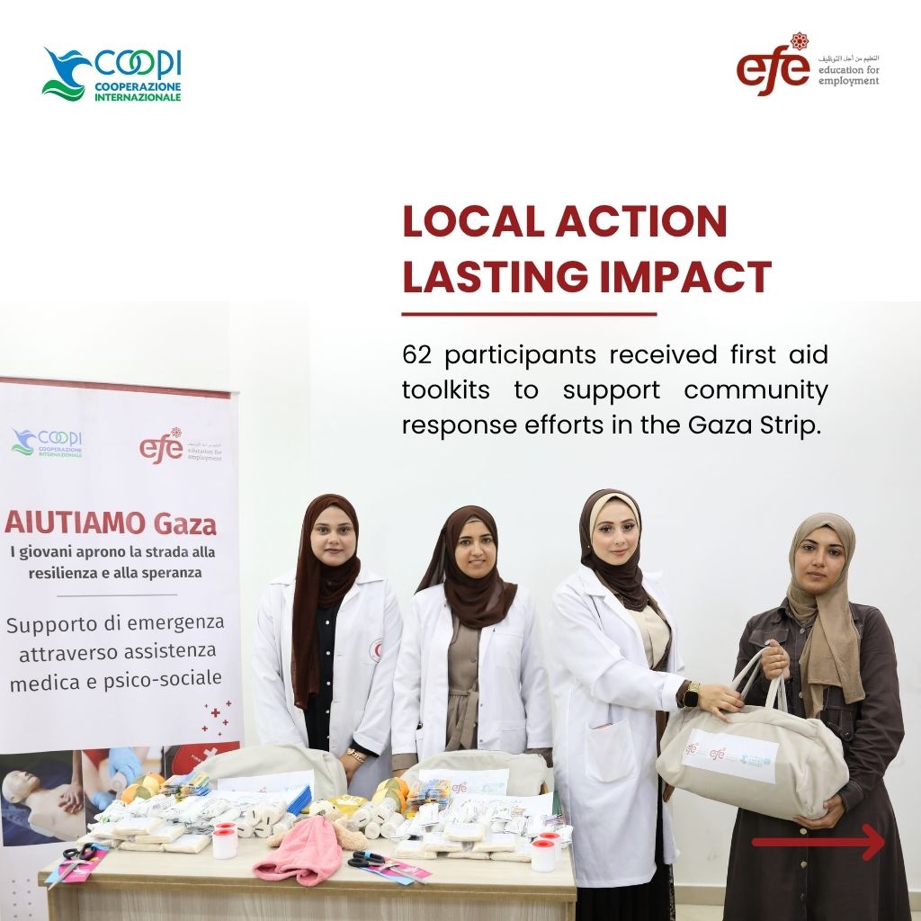 ef_EUhub's tweet photo. 🚨 Through AIUTIAMO GAZA, an initiative funded by @COOPI in partnership with EFE-Europe and EFE-Palestine, 62 graduates received first aid kits after completing training in First Aid and Emergency Psychological Support, equipping them to strengthen emergency response across Gaza. https://t.co/hifyce2N2z
