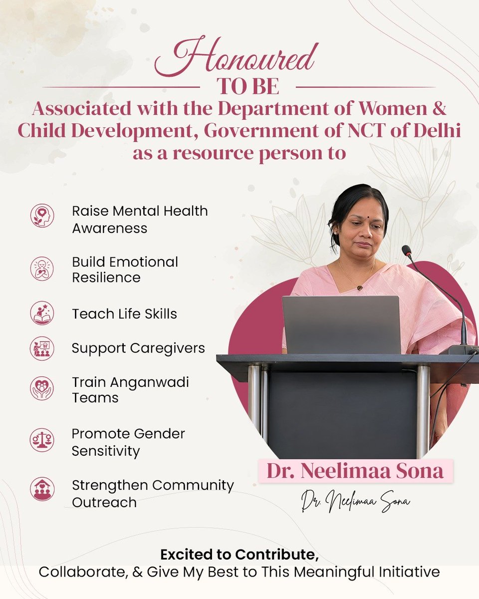 neelimaasona's tweet photo. Honoured to begin my journey as a Resource Person with the Department of Women &amp; Child Development, Government of NCT of Delhi.

Looking forward to contributing towards mental well-being, life skills, and stronger community support.

#WomenAndChildDevelopment #MentalWellBeing https://t.co/xztxPSWhCY
