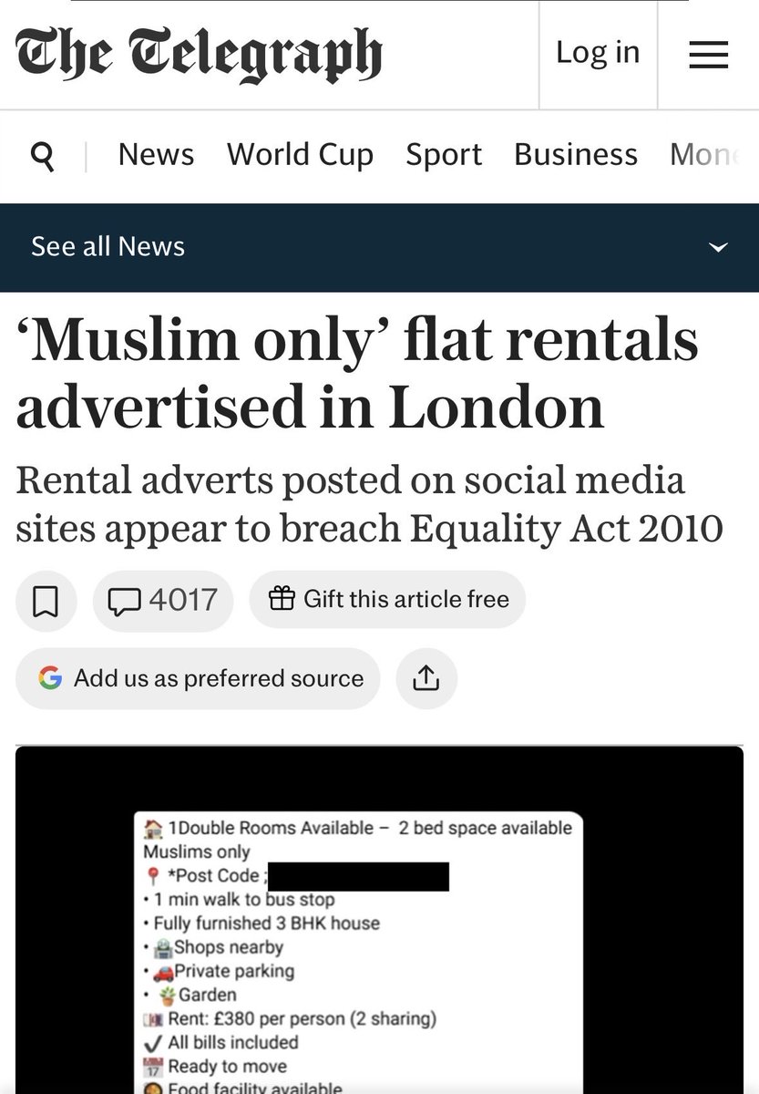 uk_islamophobia's tweet photo. The Telegraph has fallen...

Two months ago, the headline was: "London landlords illegally advertising Muslim-only flat rentals."

Here is what The Telegraph deliberately skipped in that headline.

If you read the actual article, their own investigation found listings asking for "Hindus only." It found direct appeals for Punjabis, Gujaratis, and strict vegetarian households.

They didn't make the headline. Only the Muslims did.

Why? Look at the byline.

This functioned less like a journalistic 
investigation and more like a political PR feedback loop. 

The article was co-authored by Mitchell Durdin and Camilla Tominey — both of whom are on-air staff at GB News. Tominey is also Associate Editor at The Telegraph.

The lone political quote anchoring the "national outrage" framing? Robert Jenrick — Reform UK's economic spokesman.

Two GB News journalists wrote the story. The Telegraph picked a Reform quote. GB News broadcast the outrage. The culture war fuelled from both ends by the same payroll.

To understand the strategy, look at the ownership.

In March 2026, The Telegraph was acquired by the German media giant Axel Springer SE. It wasn't just a corporate buyout; it was an ideological takeover.

Axel Springer requires every employee to sign five non-negotiable "Essentials." One is explicit, mandatory support for the State of Israel. 

CEO Mathias Dopfner famously told staff that if they had an issue with the Israeli flag at company HQ, they "should look for a new job."

Under this structure, neutral journalism isn't just discouraged—editorial alignment is a corporate mandate.

It's not just ideology. It's money. The empire is backed by US private equity giant KKR. 

Axel Springer also owns Yad2, Israel's largest real estate portal, which research shows profits from listing properties in illegal West Bank settlements.

The Centre for Media Monitoring (CfMM) has documented how the British press disproportionately associates Muslims with security threats. 

When The Telegraph selectively ignored Hindus in its own investigation to isolate Muslims, it was weaponizing that exact bias.

The overlap was impossible to ignore. Sir Paul Marshall, the billionaire behind GB News and The Spectator, and Mathias Dopfner of Axel Springer may be different men, but they bankroll the same agenda.

That was two months ago.

Yesterday, they did it again.

Fiyaz Mughal — founder of Tell MAMA, publicly funded £7 million over 13 years — wrote in The Telegraph that British Muslims are "failing this basic test of integration."

It's not the first time.

Two months earlier, in the same paper, he wrote that antisemitism is "a disease in the soul of British Islam."

And in between, another Telegraph column asking why he felt like the only Muslim willing to show up.

Three pieces. One newspaper. One columnist whose entire public role is to document hatred — writing, again and again, for the paper that profits from stoking it.

Same columnist. Same paper. Same community, three times.

The next time a Telegraph headline tries to make you angry at a specific minority... ask yourself exactly who wrote it, and who paid for the ink.

Report an incident: https://t.co/NTLpXVTNS2
Substack: https://t.co/kstWcC3E1N
Support our work: https://t.co/Z8H0Flg44Y