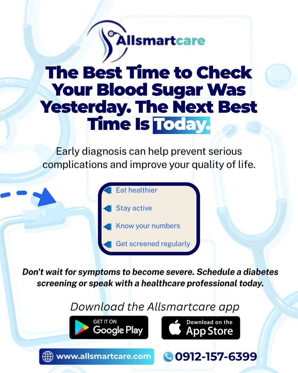 Allsmartcare_'s tweet photo. But you don't have to wait for any symptoms. Get screened early with us when you download the Allsmartcare app and book a Home Lab test. It's time to know your numbers and protect your future.

📅 Book your diabetes screening with Allsmartcare today. https://t.co/ggf3ULr2Fq