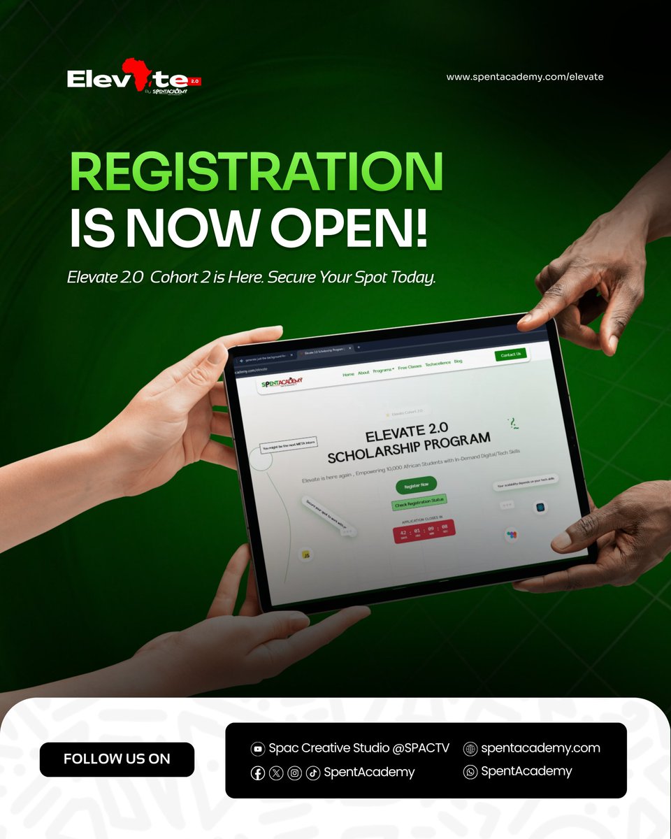 Spentacademy's tweet photo. Elevate 2.0 Registration is OPEN!

🎓 Scholarship Available (Limited Slots) 
📅 Classes start 10th August

⏳ Apply early to increase your chances.

🔗 Register now: https://t.co/vdTYa1MH14

#Elevate2 #SpentAcademy #TechScholarship #TechEducation https://t.co/iAK5IsLFhm