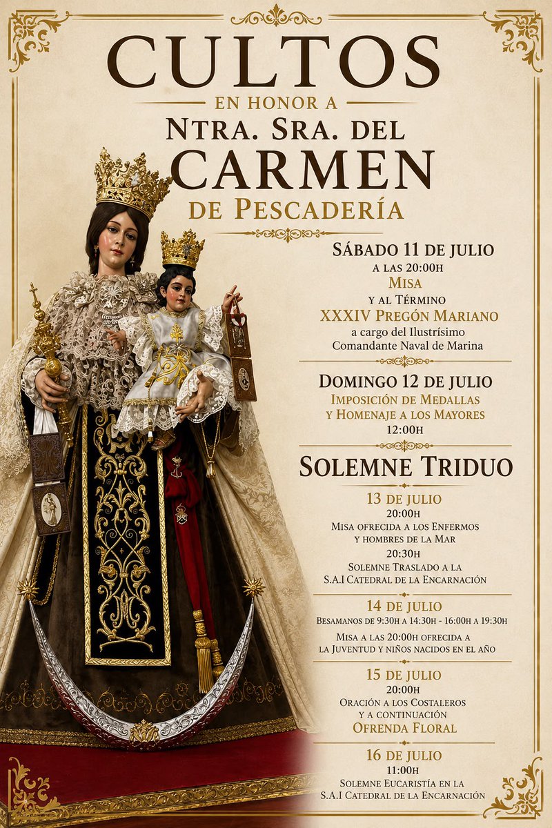 regionescofrade's tweet photo. Nos llegan los cultos y actos en honor a la V. del Carmen en @hcarmendepescaderia_oficial @ReinaPescaderia #regionescofrade https://t.co/YNQq5LmFym