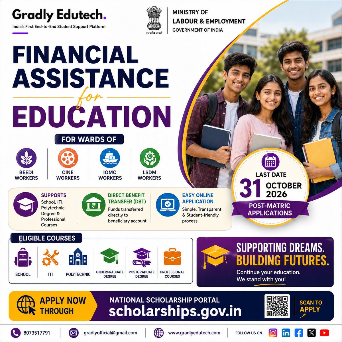 gradlyofficial's tweet photo. Government Financial Assistance for Education is open!

Eligible wards of Beedi, Cine, IOMC &amp; LSDM workers can receive financial support for School, ITI, Polytechnic, Degree &amp; Professional Courses.

Last Date (Post-Matric): 31 Oct 2026

#Scholarship #NSP #Government #Education https://t.co/58zguIRYXU