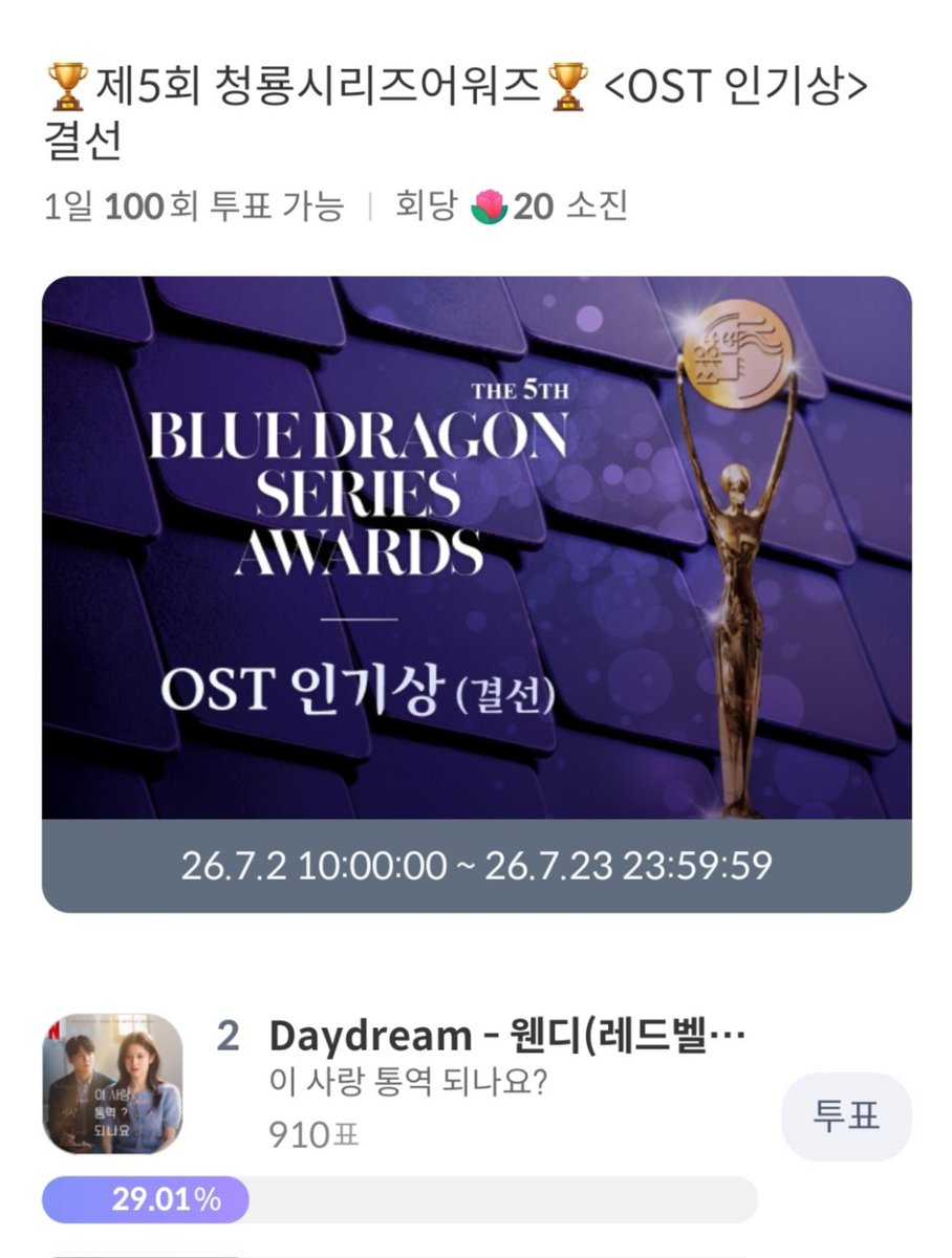 SWani0221's tweet photo. 청룡시리즈어워즈 <OST 인기상> 결선

Daydream - 웬디 ( 이 사랑 통역 되나요? )

🗳 1일 100회 투표 가능
📅 7/2 - 7/23

#웬디 #WENDY 

🔗 https://t.co/9IreCyJAM0 https://t.co/d8F1kTk0d9