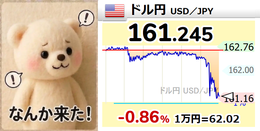 kendaddy1024's tweet photo. 為替介入キタコレ💱
効果は限定的だと思いますが163円あたりがターゲットだったようですね🧐

【🇺🇸ドル円 USD／JPY】-0.86％
161.245 
  #usdjpy https://t.co/56mSUTII62