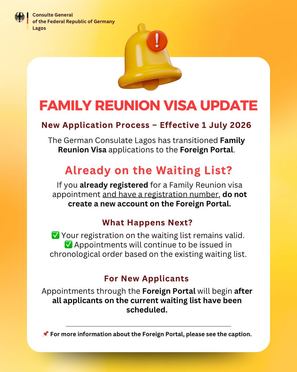 GERinNigeria's tweet photo. Getting ready to apply for a 🇩🇪 visa for family reunion? You can now apply via the Consular Service Portal - online 🖥️, simple 👌🏽 and secure 🔐

Lead more here - https://t.co/PpYvPTswKP

#GermanyInNigerian #Visainformation https://t.co/E8uljYV4e7