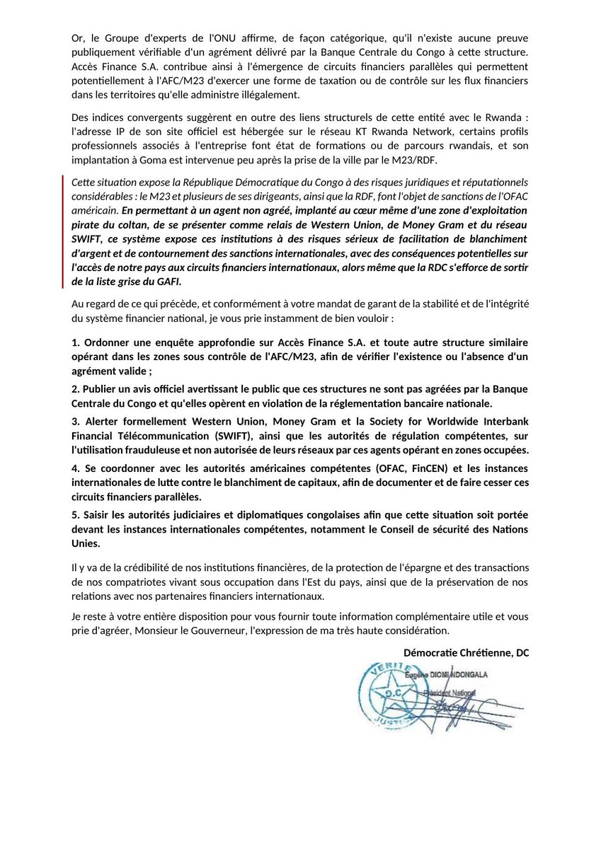 DiomiNdongala's tweet photo. RUBAYA-UN SYSTEME BANCAIRE PIRATE AU CŒUR DU COLTAN PILLE: DIOMI  TIRE LA SONNETTE D'ALARME A LA BCC
À l'Attention de S.E. Monsieur André WAMESO Nkualoloki, Gouverneur de la Banque Centrale du Congo (BCC) Kinshasa/Gombe
Objet : Alerte urgente sur l'émergence de structures financières parallèles non agréées dans les zones sous contrôle de l'AFC/M23 — cas d'Accès Finance S.A. et risques de blanchiment via Western Union, Money Gram et le réseau SWIFT
https://t.co/qxxEeB92PR
