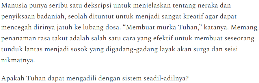 tiaramyristicam's tweet photo. tulisannya sangat indah. Tulisan yang personal tapi reflektif. Author nya bener-bener membuat kita merasakan tak berdaya karena dilema. Orang-orang perlu baca ini. Terlalu menekankan menghindari dosa tanpa fokus menambah pahala dan memperlakukan manusia dengan baik rasanya ada yang kurang. "Ketakutan" kadang menjadi senjata "Manipulasi" bagi pihak yang diuntungkan.