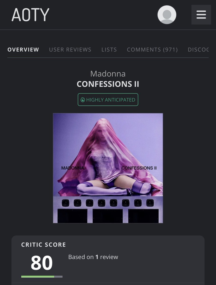 SiteMadonnaBR's tweet photo. CONFESSIONS II debutou com nota 80 no “Album Of The Year” https://t.co/vGbqED6PVl