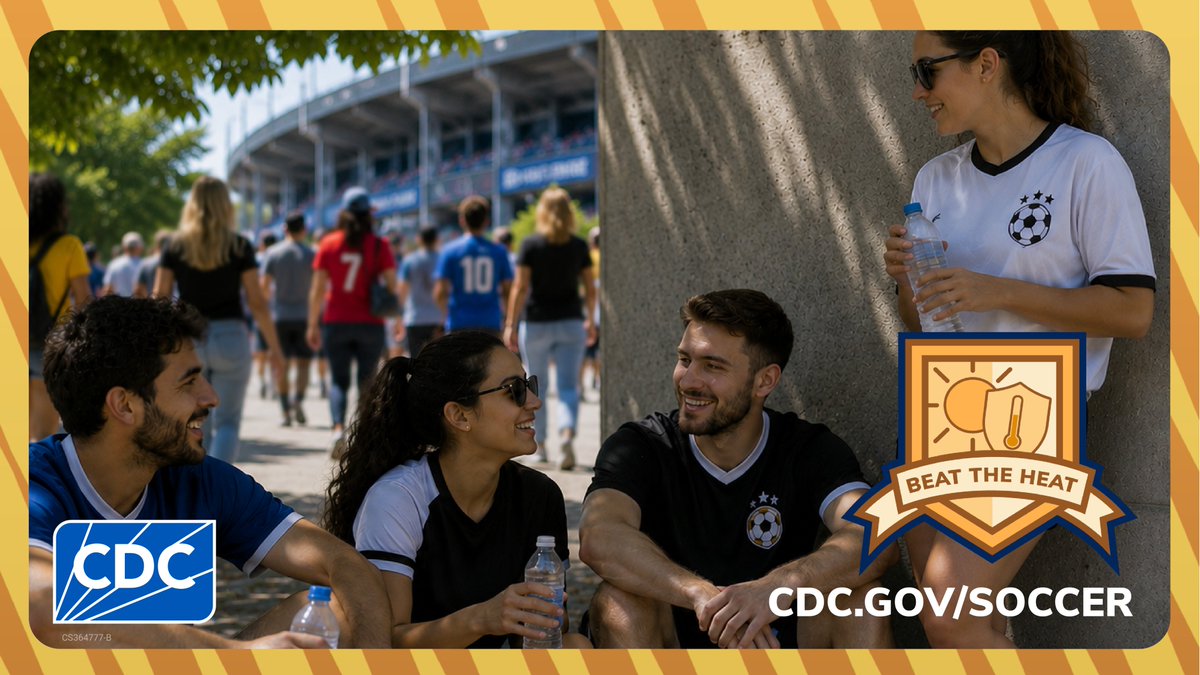 CDCemergency's tweet photo. Beat the heat and keep your fan energy high by staying shaded, sipping often, and cooling down like a champ so the sun doesn’t steal your spotlight. ☀️💧 

Play it smart when temps go on the attack and stay cool from kickoff to extra time so every cheer counts.
https://t.co/gJZUZzDzKH
#SoccerSafetyUSA
