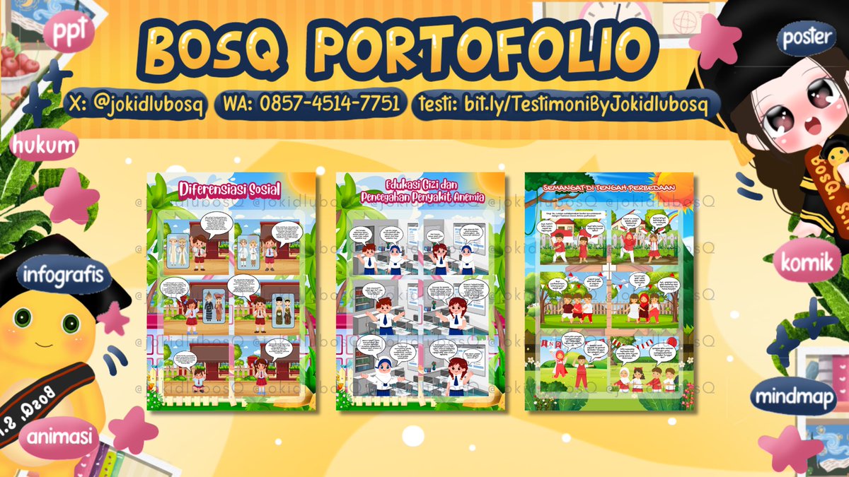 jokiBosQ's tweet photo. —joki komik start 25k/page!👩🏻‍💻

komik canva, no template dan AI cocok untuk skripsi dan tugas penelitian yaah😍
⭐️ 25k/hal untuk 4 panel
⭐️ 30k/hal untuk 6 panel

cek portofolio admin disinii!
#zonauang #jokitugas #jokikomik https://t.co/9YbdKB8u6H