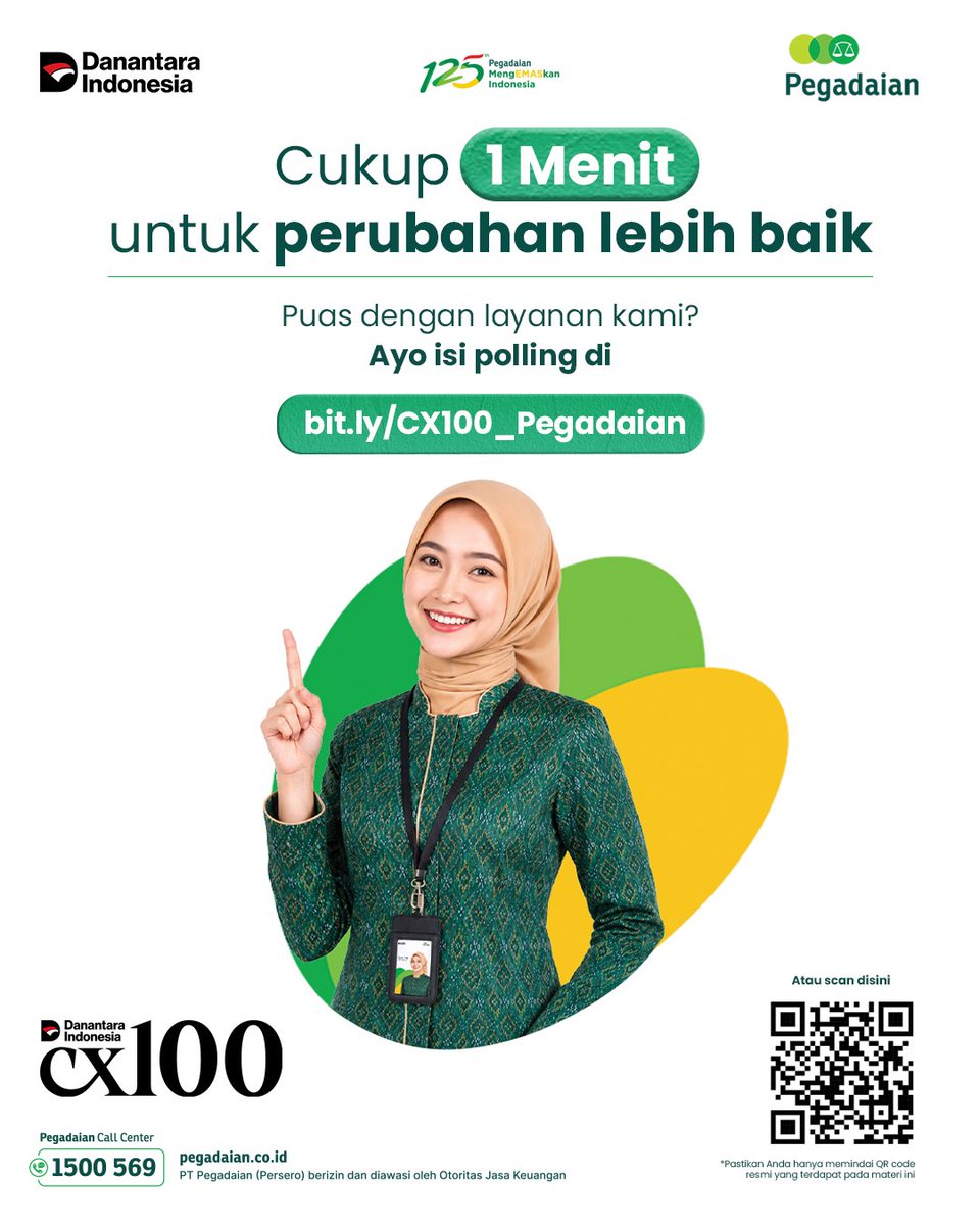 Pegadaian's tweet photo. Yuk, jadi bagian dari perubahan!

Setiap pengalaman Anda bersama Pegadaian adalah masukan berharga bagi kami. Hanya dalam 1 menit, Anda dapat membantu kami menghadirkan layanan yang lebih baik ke depan.

Isi survei: https://t.co/wsJlK4lypT
Periode: 19 Juni – 18 Juli 2026

Karena perubahan besar bisa dimulai dari suara Anda.

#MulaiDariTring! #MengEMASkanIndonesia #MelayaniSepenuhHati