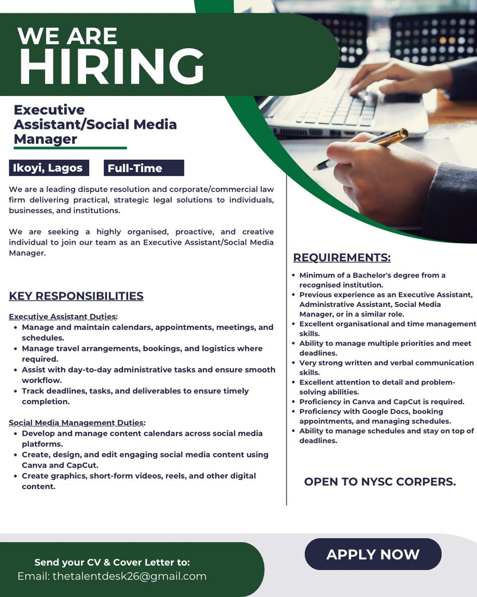 Wurade_'s tweet photo. A law firm in Ikoyi, Lagos is hiring to fill multiple roles 

Application details are contained in the images.

Email and Cover letter should be sent to thetalentdesk26@gmail.com https://t.co/sdSt6wb2rH