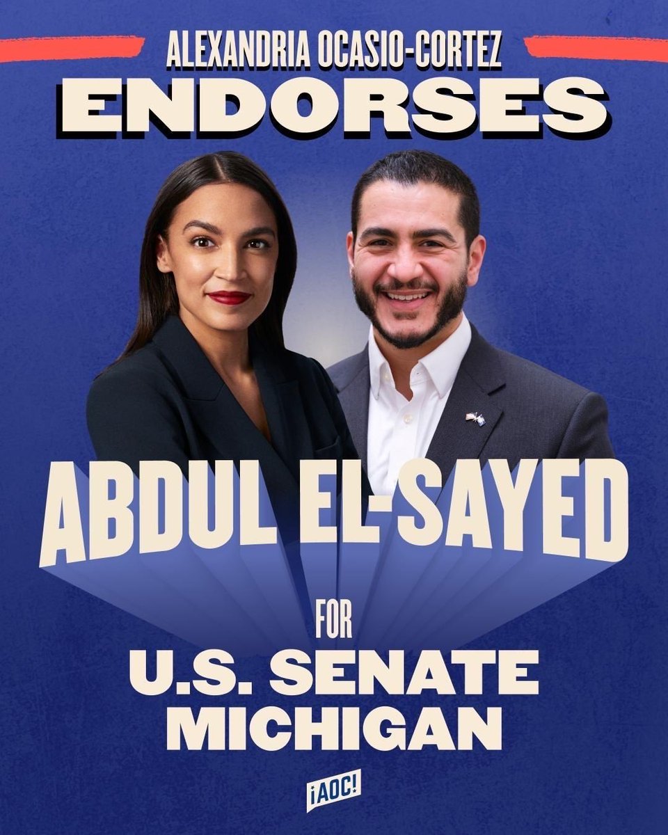 TeamAOC's tweet photo. We are proud to endorse Abdul El-Sayed to be Michigan’s next senator.

Abdul is building a winning coalition by putting forward an agenda that speaks directly to working people.

Election Day is August 4th. Head to https://t.co/5UvAnYHnru to get involved! https://t.co/EFZevsgi5u