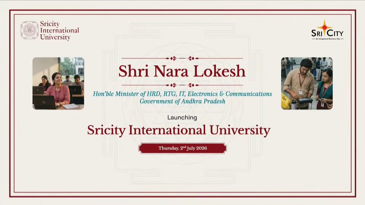 AP_CRDANews's tweet photo. 👨‍🎓Sricity International University, Tirupati District #AndhraPradesh

🔸Minister @naralokesh garu formally launched university in @Sri_City today.

#AndhraPradesh https://t.co/3rjtNaexvv