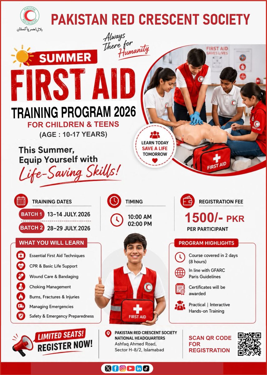 PRC_official's tweet photo. Move beyond scrolling and learn a skill that could help you save a life!

PRCS invites children and teens to join the Summer First Aid Training Program 2026 and learn CPR, first aid, and emergency skills.

Click the link for registration.
https://t.co/ZN3Kt2fRtY https://t.co/WOBrk9sRJq
