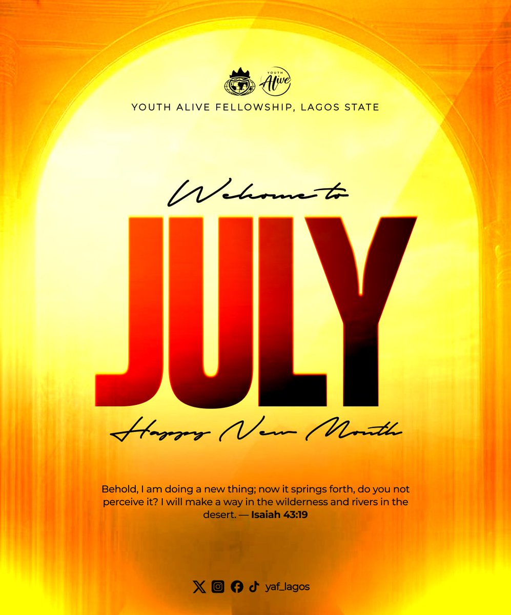 Yaf_Lagos's tweet photo. Welcome to July! 

In this second half of the year, we are convinced of the faithfulness of God to make all things new, raise standards against our adversaries and deliver our desired expectations. 

Welcome to the second half of the year, it shall be the best half 🚀
#yaflagos https://t.co/naSvXYcU5s
